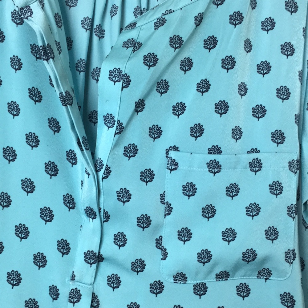 Light Blue 100% polyester silky dress blouse with flower pattern